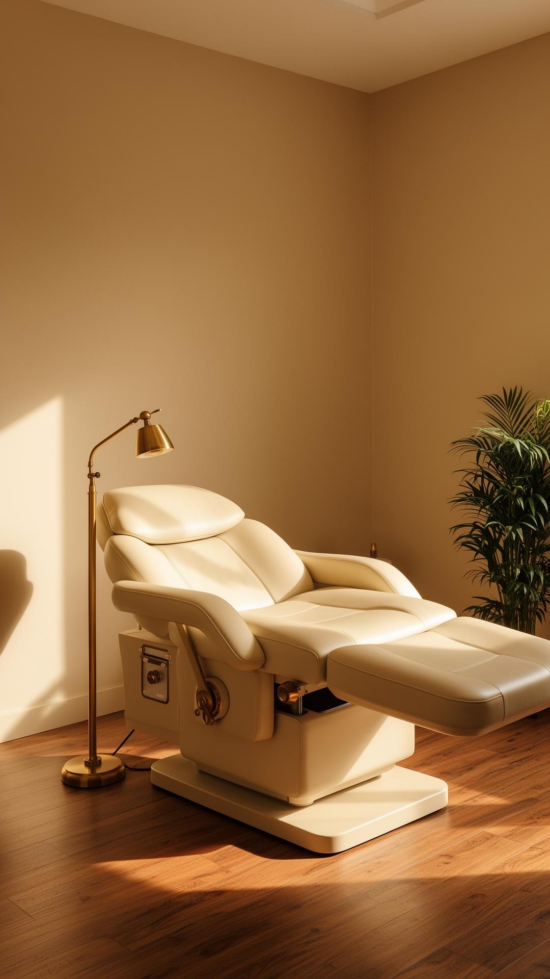 Warm, sunlit treatment room with cream upholstery